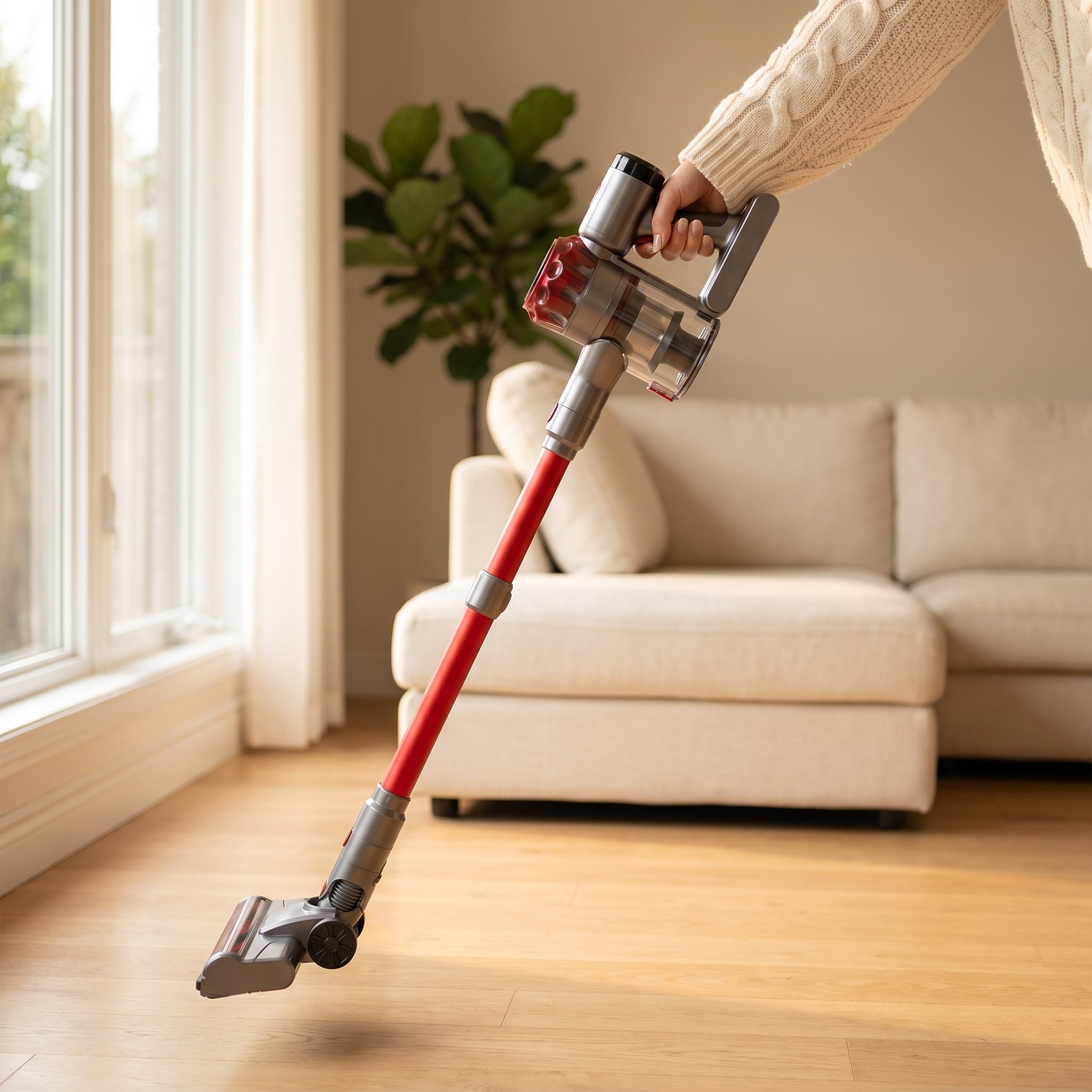 A hand lifts a Nyven cordless vacuum effortlessly with one finger.