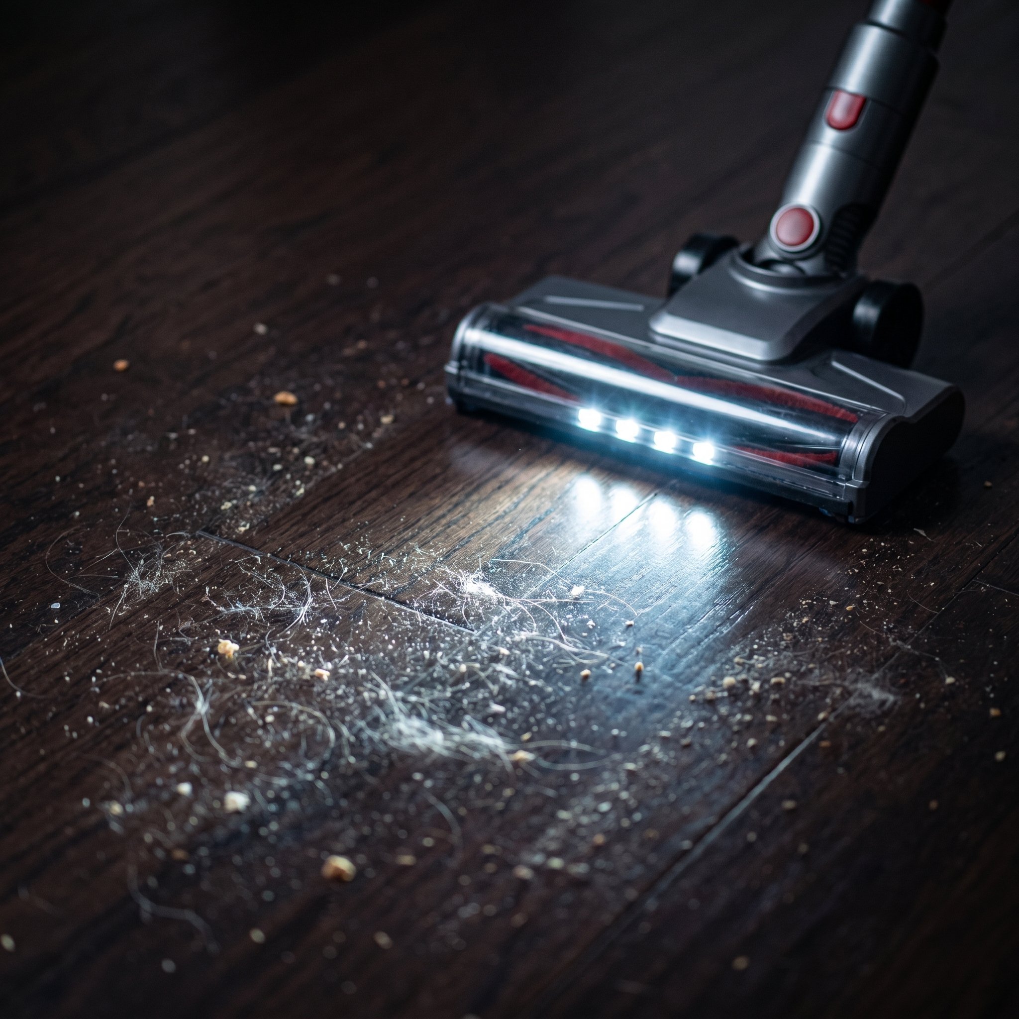 The Nyven vacuum's bright LED headlights illuminate hidden dust and hair on a dark hardwood floor.