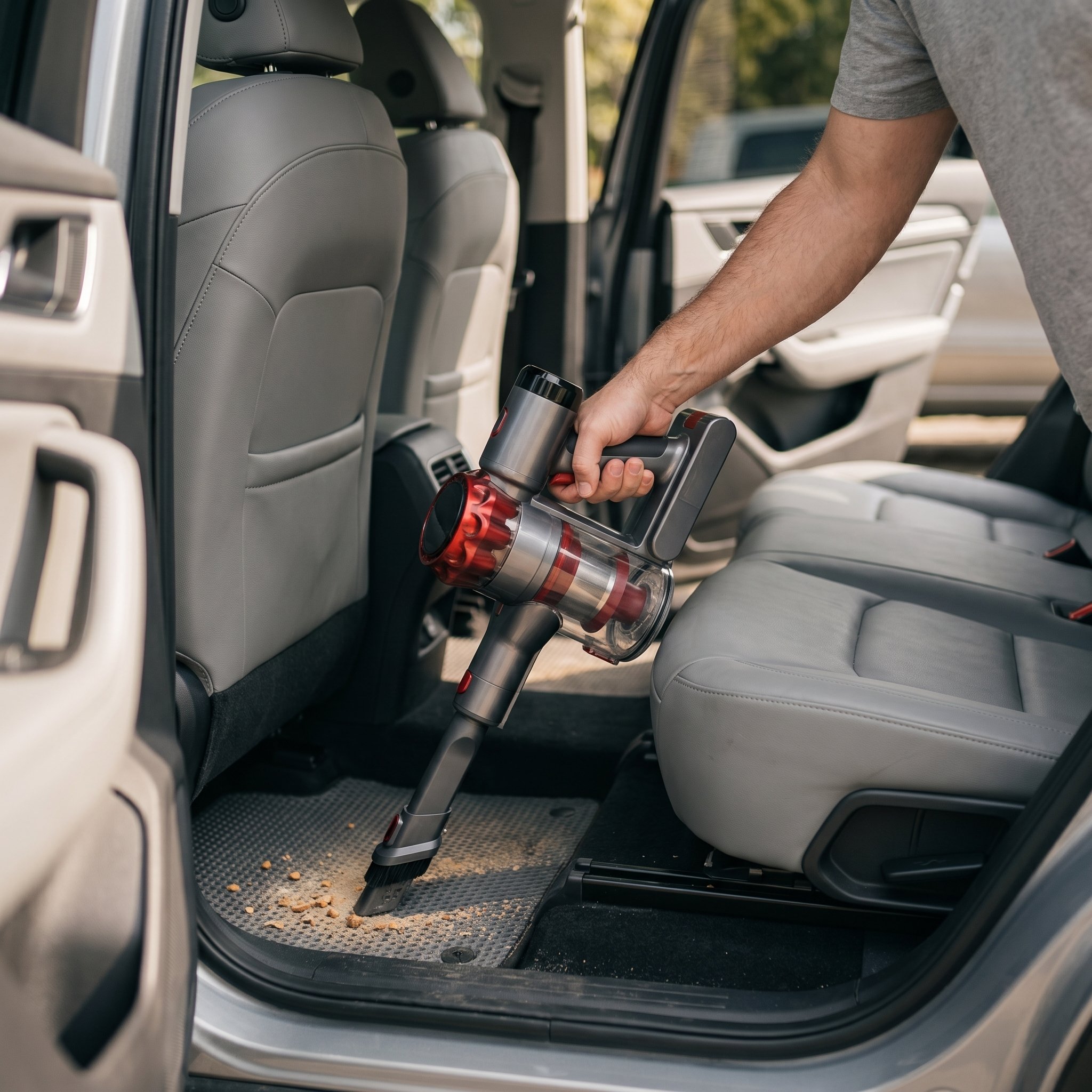 A hand uses the Nyven vacuum in handheld mode to clean dust and crumbs from a car interior.