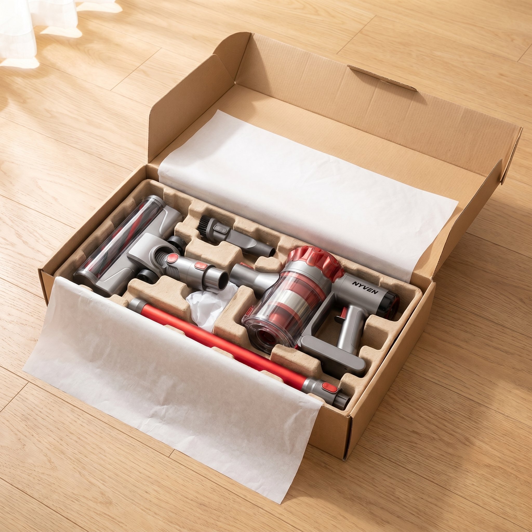 A Nyven cordless vacuum and accessories arranged neatly inside a kraft cardboard shipping box, just delivered.