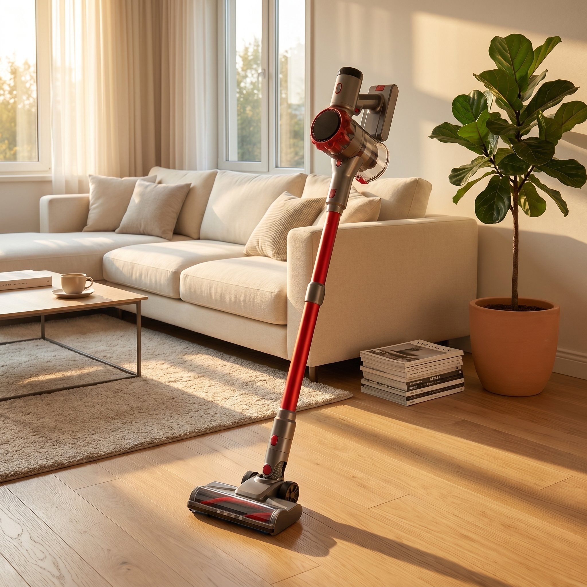 A Nyven cordless vacuum stands in a beautifully clean, sunlit modern living room at golden hour, with a cream sectional couch and a houseplant in view.