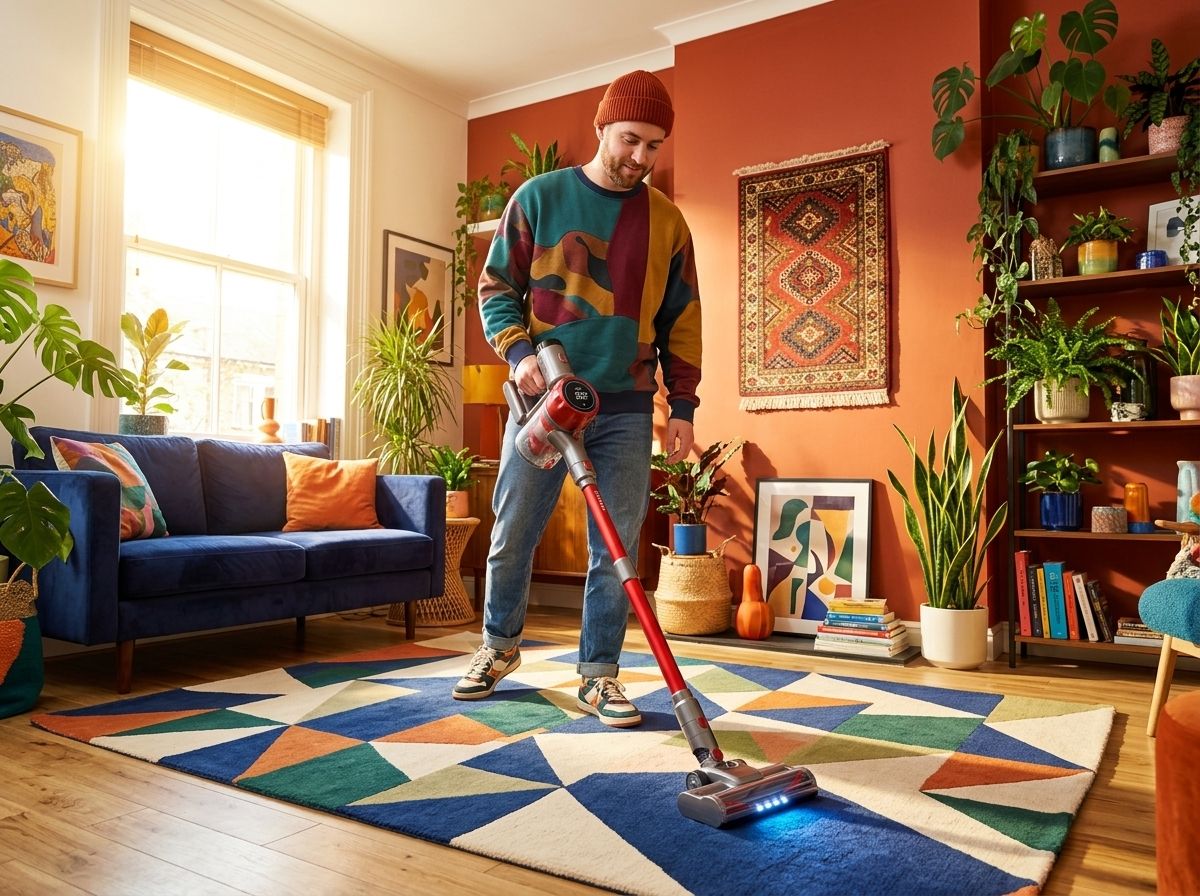 A man vacuuming a colorful rug in a small apartment