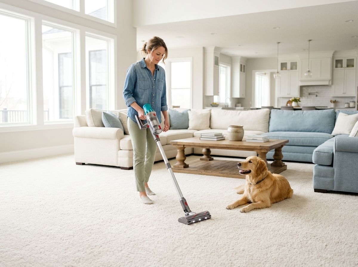 A woman vacuuming thick carpet in a large open family room while a golden retriever watches