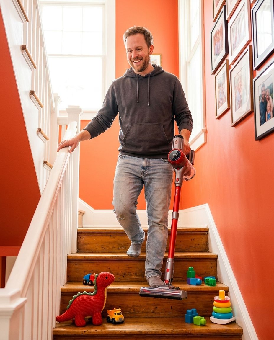 A dad carrying a cordless vacuum on a staircase with kids' toys on the steps